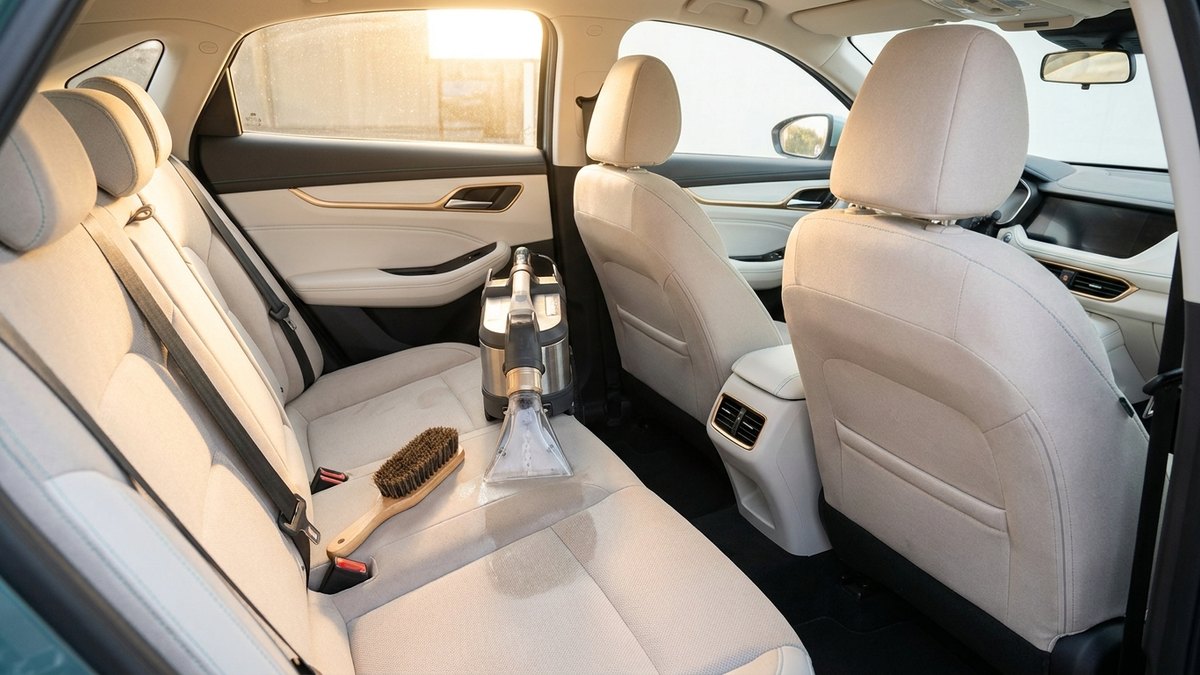 運転席から後席までファブリックシート全体を専用機材で洗浄する車内クリーニングの様子