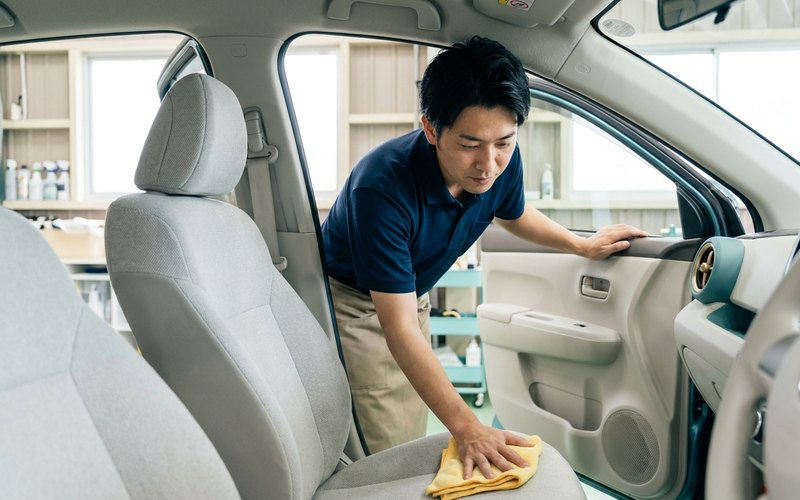 プロがマイクロファイバークロスで車のシートをやさしく清掃する様子
