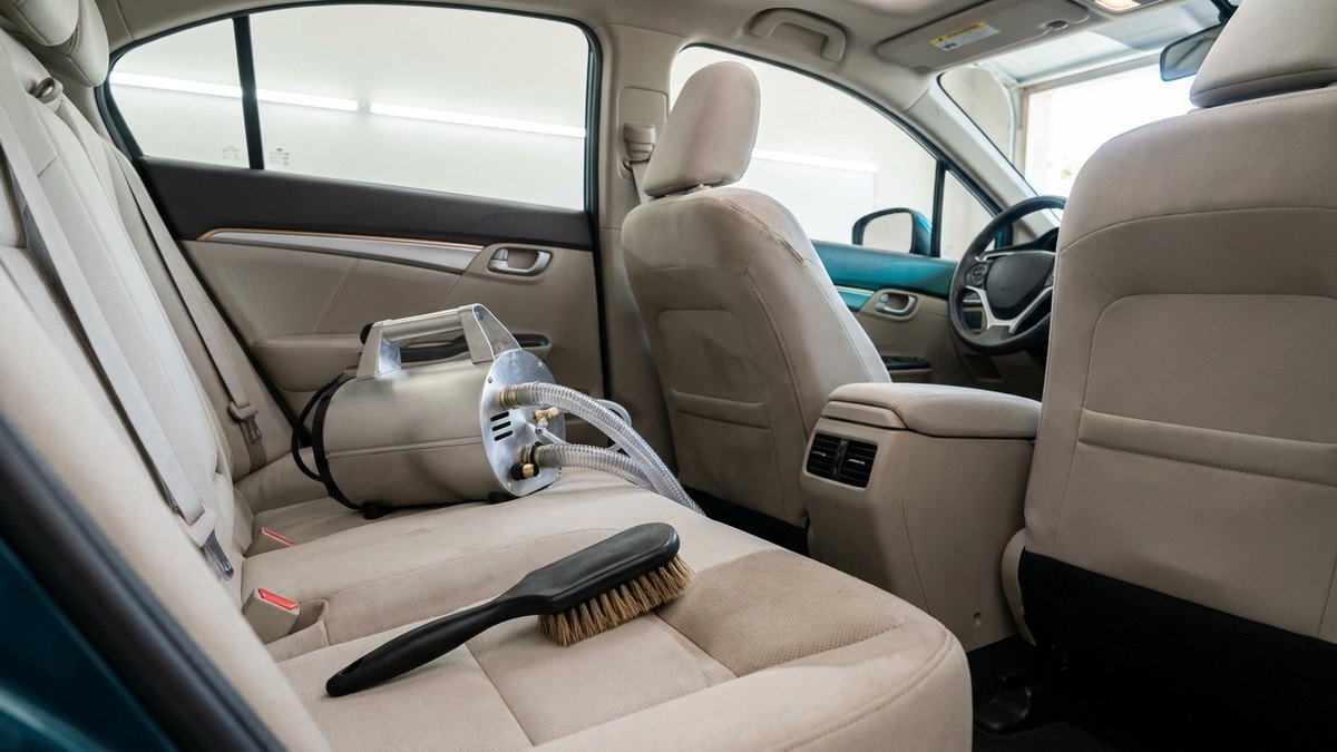 社用車のシートと隣接する内装ファブリックを専用機材で洗浄する車内クリーニングの様子