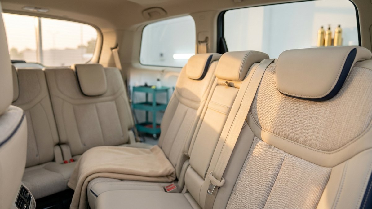 クリーニング後の清潔な社用車の後席本革シートのアップ