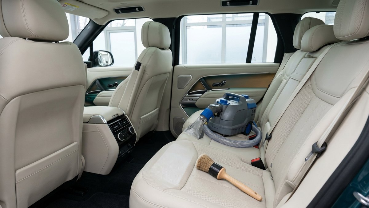 本革（レザー）シートを専用の機材と道具でていねいにクリーニングする車内の様子