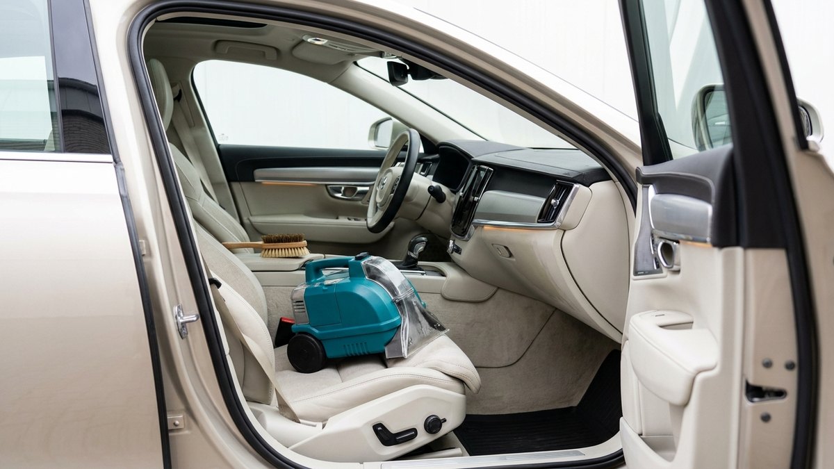 ビジネス車のシートと隣接する内装ファブリックを専用機材で洗浄する車内クリーニングの様子