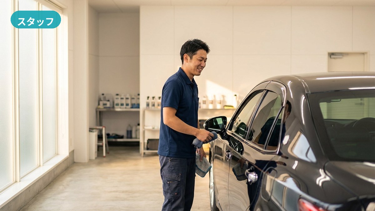 Glanz のスタッフが、車内を上質に仕上げるため細部までていねいに施工する様子（観音寺市）
