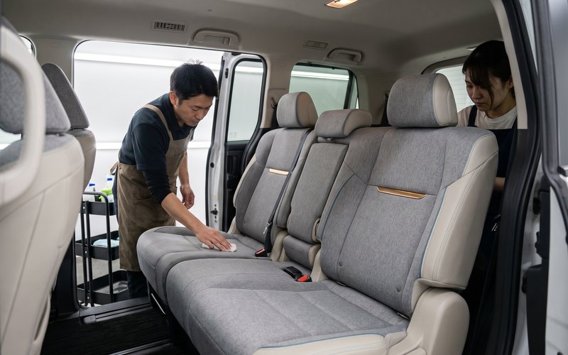 中間市の秋山自動車で、ミニバンの2列目・3列目シートに絡んだペットの毛と汚れを専用機材で除去している場面
