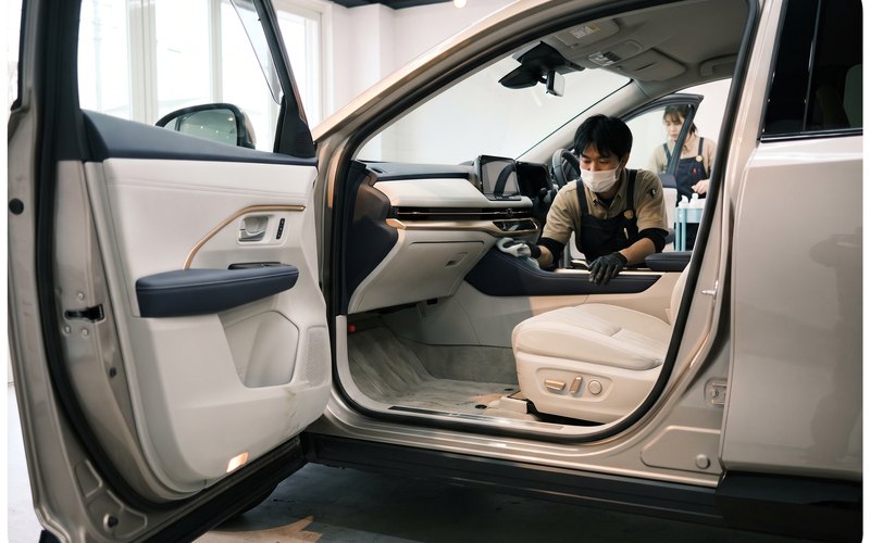 ART RISE アートライズでの作業カット。運転席の座面外側とサイドシル付近に入り込んだ土の粒を、専用機材で吸い出しているところ