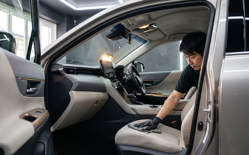伊万里市のビューティークラフトで、アウトドア帰りのSUVのシートと内装ファブリックを洗浄する作業