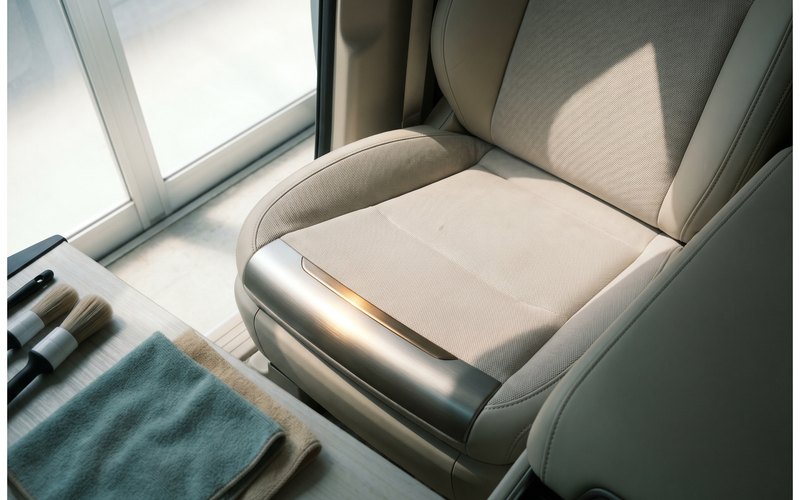 中古車のシートと隣接するドア内側のファブリックを専用機材で洗浄している作業風景