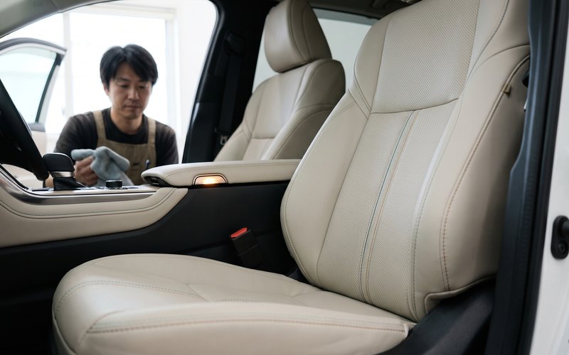 洗浄を終えた社用車の本革シートへ、株式会社Zeal -フォーナイン- のスタッフが水性シートコーティングを均一に施工している場面
