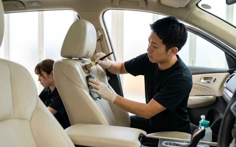 通勤車の運転席まわりの皮脂黒ずみを専用の方法でていねいにクリーニングする車内の様子