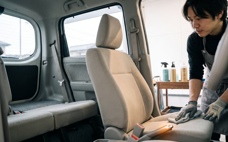 ミニバンのシートと周辺の内装ファブリックを専用機材で洗浄している車内クリーニングの様子