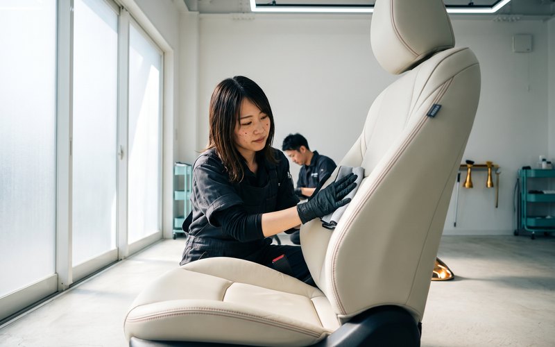 観音寺市のGlanzで、新車の本革シートのシボと縫い目に沿って汚れを丁寧に洗浄している作業風景