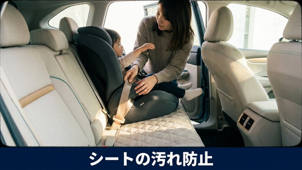 チャイルドシートの下に保護マットを敷いた清潔な後部座席