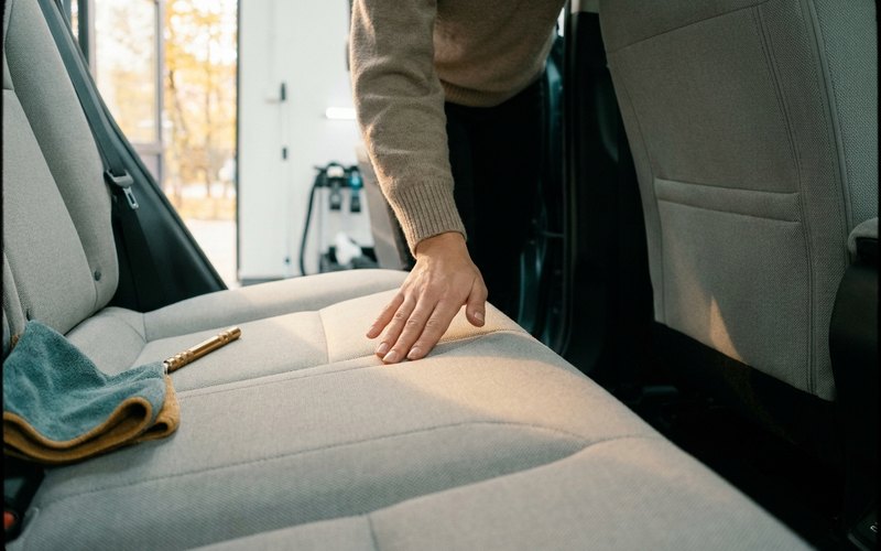 納車時に中古車の後席シートの縫い目を指で確かめている様子